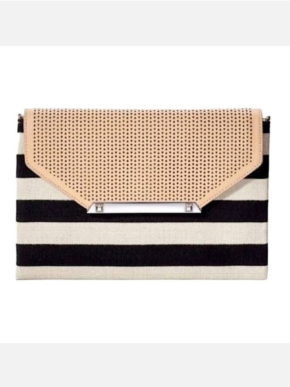 Stella & Dot Black White Stripe Canvas Envelope Clutch 10" x 7"